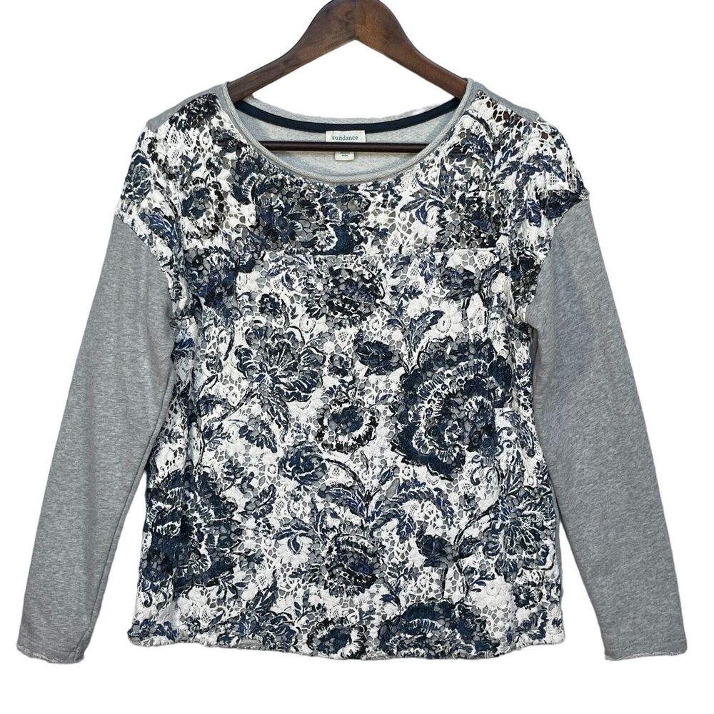 Sundance Caraway Lace Pullover Sweatshirt Women Size S Gray French Terry Raw Hem